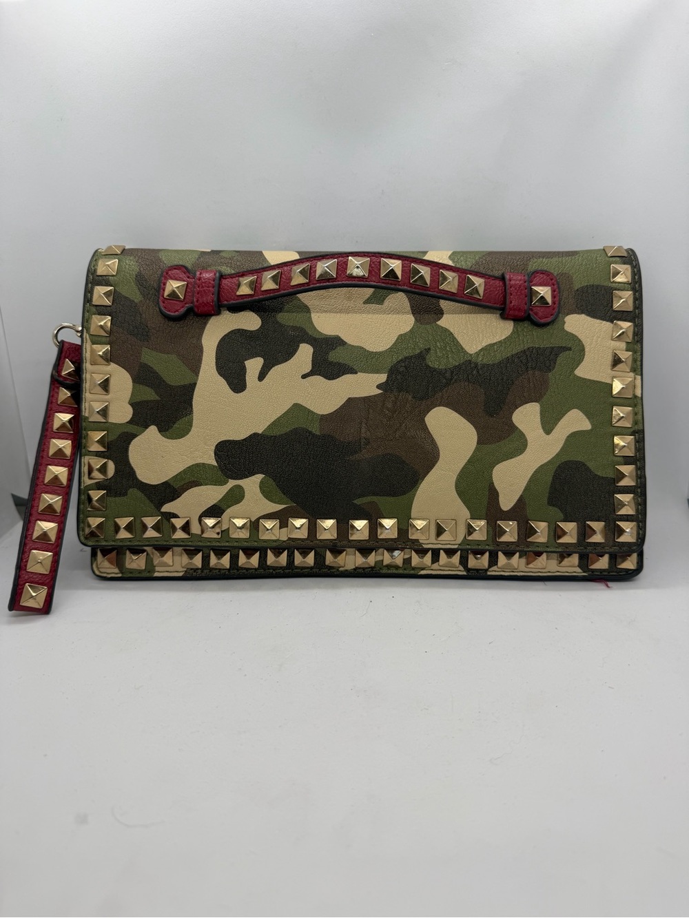 Camouflage Studded Wristlet Clutch with Red Trim